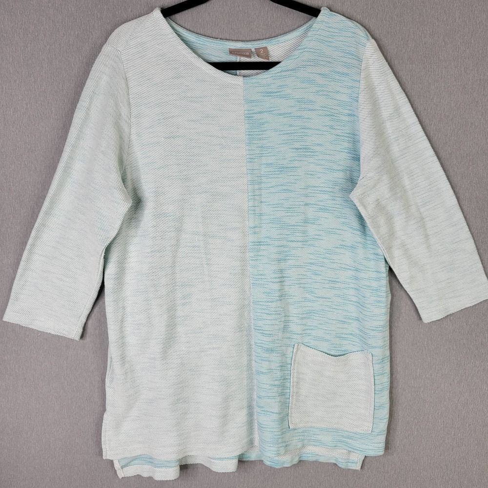 Chico's Tunic Top 2 Large Blue Heavyweight Knit 3/4 Sleeve Scoop Neck